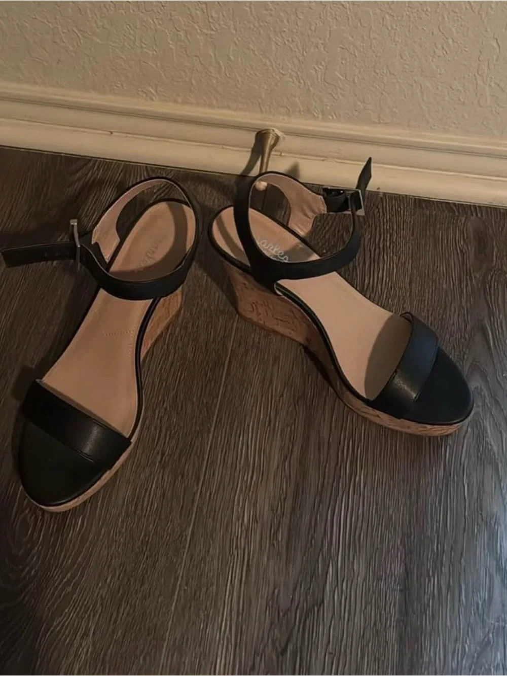 Charlies Black Leather Ankle-Strap Wedge Sandals